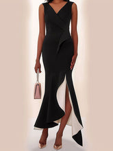 Bodycon Sleeveless Contrast Color Ruffle Trim Split-Joint V-Neck Maxi Dresses