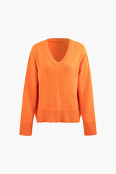 Solid V-neck Ribbed Trim Long Sleeve Sweater