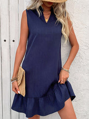 Pleated Solid Color Split-Joint A-Line Loose V-Neck Mini Dresses