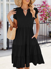 Loose Ruffle Sleeves Pleated Pockets Solid Color Split-Joint V-Neck Midi Dresses