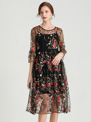 Original Artistic Retro Loose Lace Embroidered Pleated Midi Dress