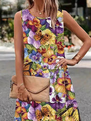 A-Line Loose Flower Print Round-Neck Mini Dresses