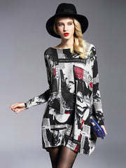 Urban Loose One-Shoulder Printed Split-Joint Sweater