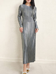 A-Line High Waisted Bronzing Pleated Shiny Solid Color Round-Neck Midi Dresses