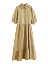 Simple Half Sleeves Loose Solid Color Lapel Collar Midi Dresses