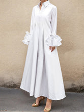 Pleated Solid Color Split-Joint Flared Sleeves Lapel Shirt Dress Maxi Dresses