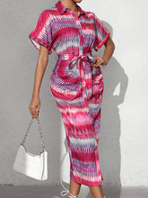 Buttoned Pleated Tied Waist Raglan Sleeve Short Sleeves Lapel Midi Dresses