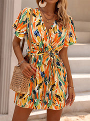 High Waisted Loose Printed Tied Waist V-Neck Mini Dresses