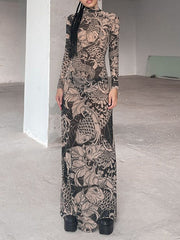 Long Sleeves Skinny Printed See-Through Split-Joint High Neck Evening Dresses Maxi Dresses