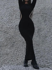 Contrast Color Long Sleeves Skinny Round-Neck Maxi Dresses
