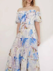 Flower Printed Short Sleeves One Shoulder Bohemia Maxi Dresses