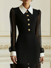 Long Sleeves Buttoned See-Through Solid Color Split-Side Lapel Maxi Dresses Shirt Dress