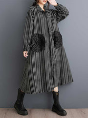 Elasticity Pockets Striped Zipper A-Line Long Sleeves Lapel Midi Dresses