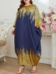 Contrast Color Printed Batwing Sleeves Long Sleeves Round-Neck Maxi Dresses