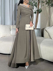 A-Line Wrap Pleated Solid Color Split-Joint V-Neck Maxi Dresses