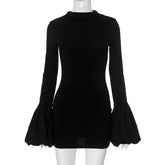 Fashion Pull Sleeve Black Mini Dress Female High Waist Elegant Long Sleeve Dresses Club Party Bodycon Women's ClothingChristmas Gifts