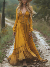 Solid Color Ruffled Long Sleeves Pleated Maxi Dresses