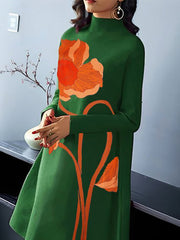 Flower Print Split-Joint A-line Long Sleeves High Neck Midi Dresses