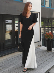 Black&White Split-joint V-neck Long Dress