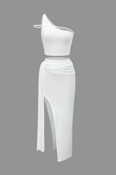 One Shoulder Crop Top And Knot Side Slit Midi Skirt Set