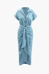 Pleated Waist Tie Midi Shirt Dress