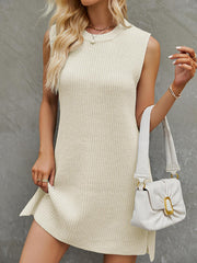 A-Line Loose Solid Color Split-Side Tied Waist Round-Neck Mini Dresses Sweater Dresses