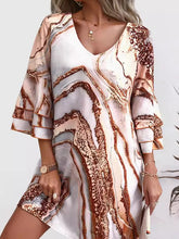 A-Line Flared Sleeves Layered Printed Split-Joint V-Neck Mini Dresses