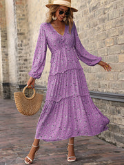 Vacation Puff Sleeves Floral Printed V-Neck Dress