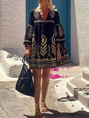 Embroidered Split-Joint Flared Sleeves Loose Deep V-Neck Mini Dresses