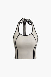 Contrast Tie Halter Backless Tank Top