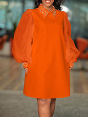 Puff Sleeves Beads Mesh Solid Color Split-Joint Round-neck Midi Dresses