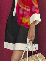 Buttoned Contrast Color Flower Print Loose Three-quarter Sleeves Lapel Shirt Dress Mini Dresses