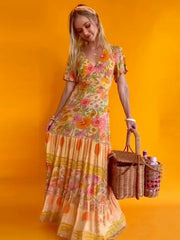 Bohemia Half Sleeves Floral Printed Deep V-Neck Maxi Dress