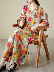 Contrast Color Polka-Dot Batwing Sleeves Half Sleeves V-Neck Maxi Dresses