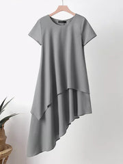 Asymmetric Solid Color Split-Joint Plus Size Short Sleeves Round-Neck Midi Dresses