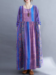 Vacation Long Sleeves Loose Contrast Color Striped Split-Joint Round-Neck Midi Dresses