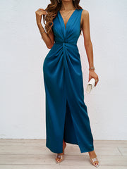 Elasticity Knot Solid Color Split-Front Split-Joint Zipper Bodycon High Waisted V-Neck Maxi Dresses