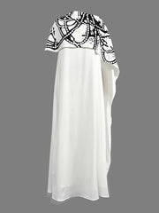 Contrast Color Printed A-Line Capelet Mock Neck Maxi Dresses