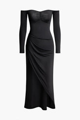 Off shoulder Ruched Slit Long Sleeve Maxi Dress