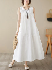 Loose Sleeveless Solid Color Round-Neck Midi Dresses