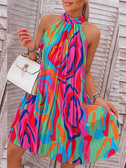 Pleated Printed Loose Plus Size Halter-Neck Short Dresses Mini Dresses