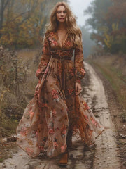 Floral Ruffled Long Sleeves Vintage Maxi Dresses