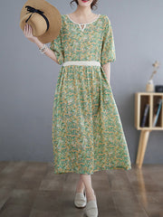 Hollow Pleated Printed Split-Joint Loose Short Sleeves Round-Neck Midi Dresses