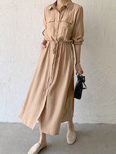 Casual A-Line Long Sleeves Bandage Solid Color Lapel Collar Shirt Midi Dresses