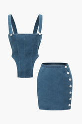 Denim V-Shaped Cami Top And Button Mini Skirt Set