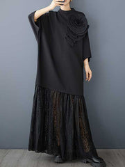 Solid Color Split-Joint Three-Dimensional Flower Long Sleeves Loose Mock Neck Maxi Dresses