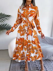Printed Split-Joint Tied Waist Long Sleeves Loose Lapel Shirt Dress