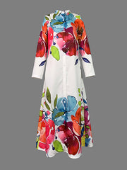 Long Sleeves Loose Buttoned Flower Print Lapel Maxi Dresses Shirt Dress