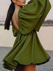 Long Sleeves Loose Elasticity Solid Color V-back Deep V-Neck Mini Dresses