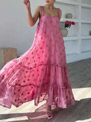 A-Line High Waisted Layered Pleated Split-Joint Three-Dimensional Flower Spaghetti-Neck Maxi Dresses